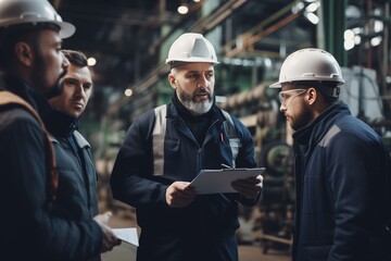 Supervisor discussing attendance with workers over clipboard in a manufacturing plant - Powered by Adobe