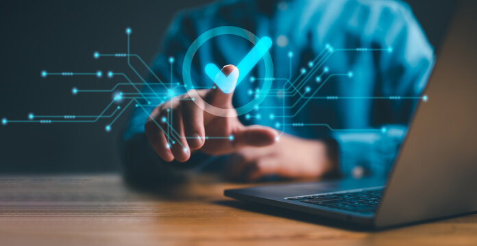 service guarantee, Validation concept for business process automation, quality assurance management, certification, digital transformation. businessman touching checked icon on virtual screen.