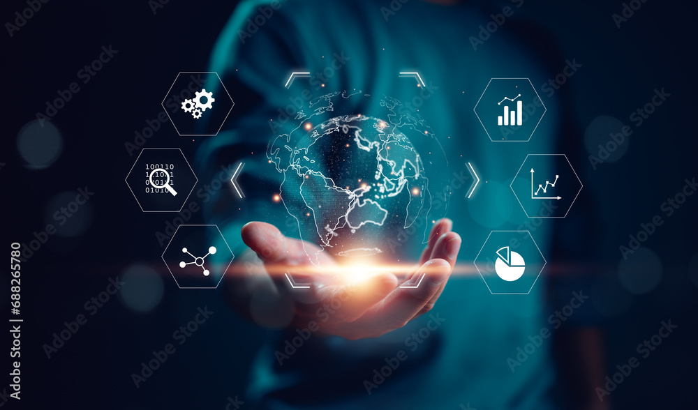 Poster big data and analytics visualization technology with scientist analyzing information structure on vi