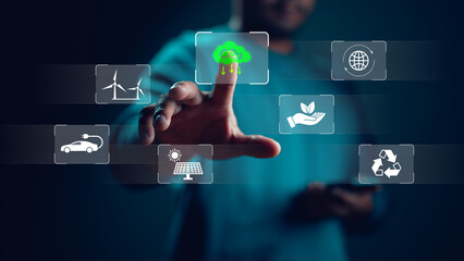 co2 reduce emissions and carbon footprint to limit global warming and climate change. Sustainable development and green business based on renewable energy, electric transport, offset by planting tree