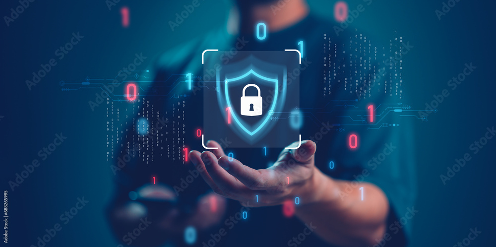 Poster cybersecurity and privacy concepts to protect data. lock icon and internet network security technolo