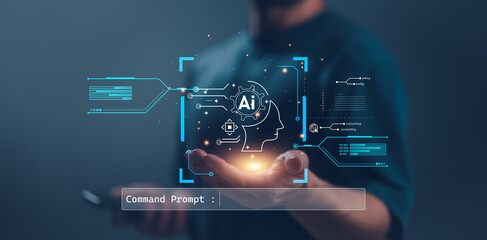 Chatbot Chat with AI, Artificial Intelligence. man using technology smart robot AI, artificial intelligence by enter command prompt for generates something, Futuristic technology transformation.
