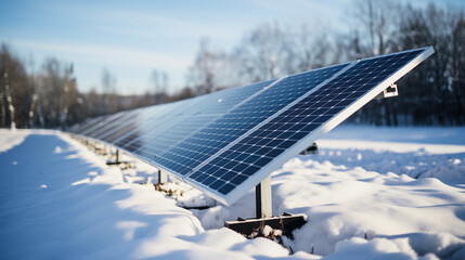 Solar Power Station in the snowy freeze winter Nature. Industrial solar power farm station in winter