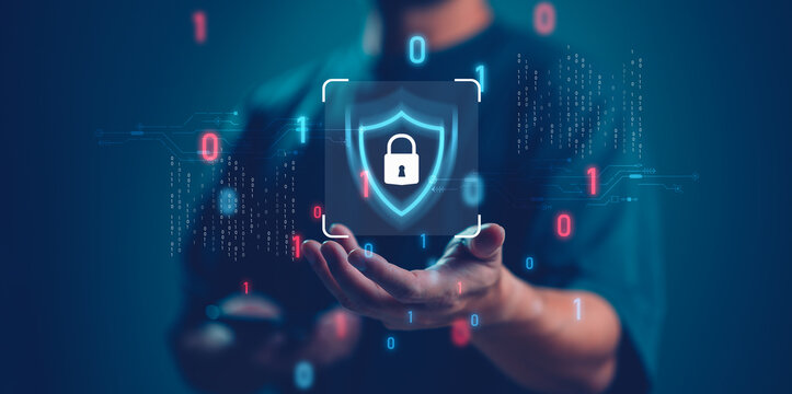 Cybersecurity and privacy concepts to protect data. Lock icon and internet network security technology. Businessman protecting personal data on smartphone, virtual screen interfaces. cyber security.