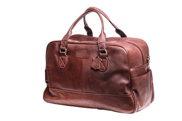 Modern Large leather bag for travel close-up. On a white background.