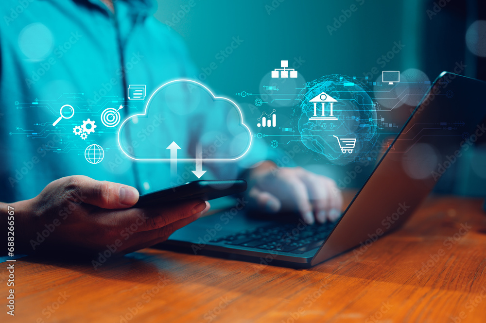Poster businessman using computer and smartphone, cloud computing diagram. cloud technology. data storage, 