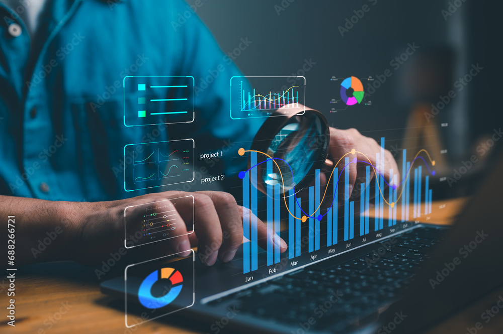 Aufkleber business and technology data analyst working on business analytics dashboard with charts, metrics an