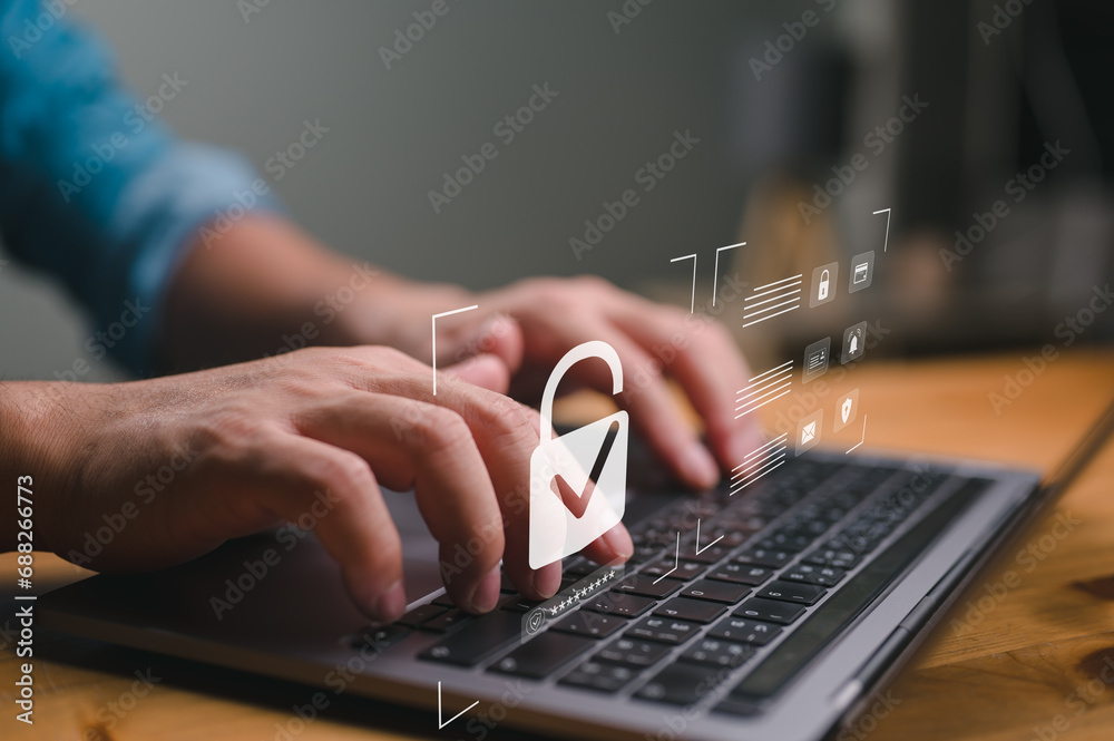 Poster cybersecurity privacy of data protection, businessman using computer secure encryption technology, s