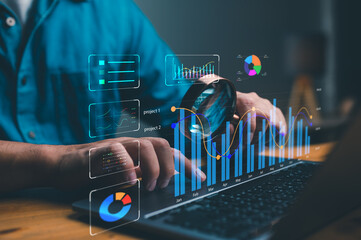 Business and technology Data analyst working on business analytics dashboard with charts, metrics and KPI to analyze performance and create insight reports for operations management. Big data.