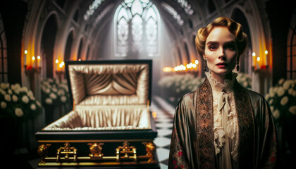 Elegant AI-Generated Female Vampire with Coffin Background