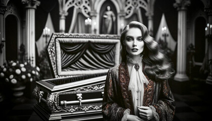 Elegant AI-Generated Female Vampire with Coffin Background