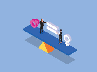 Male and female with symbol on the scales feeling equal discrimination isometric 3d vector concept