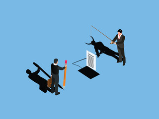 Businessman handling a contract to customer and his shadow showing a devil isometric 3d vector concept - obrazy, fototapety, plakaty