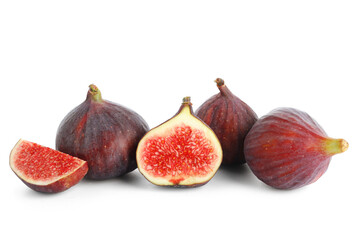 Many juicy cut figs isolated on white background