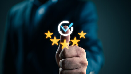 Hand with thumb up and shows the sign of the top service Quality assurance, Guarantee, Standards,...