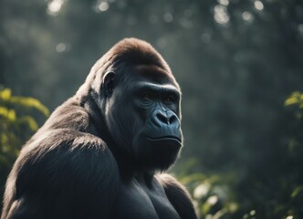 Obraz premium muscular male gorilla sitting at the jungle, foggy weather, sun is at back 