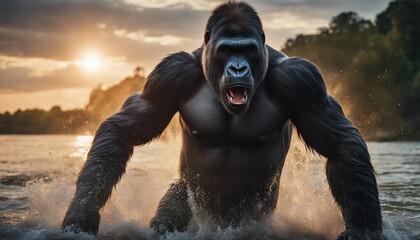 muscular male gorilla crossing the river, splashing and droplets, smoky weather, sunset
