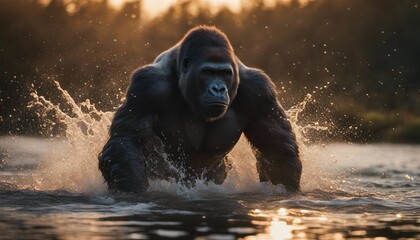 muscular male gorilla crossing the river, splashing and droplets, smoky weather, sunset
 - obrazy, fototapety, plakaty