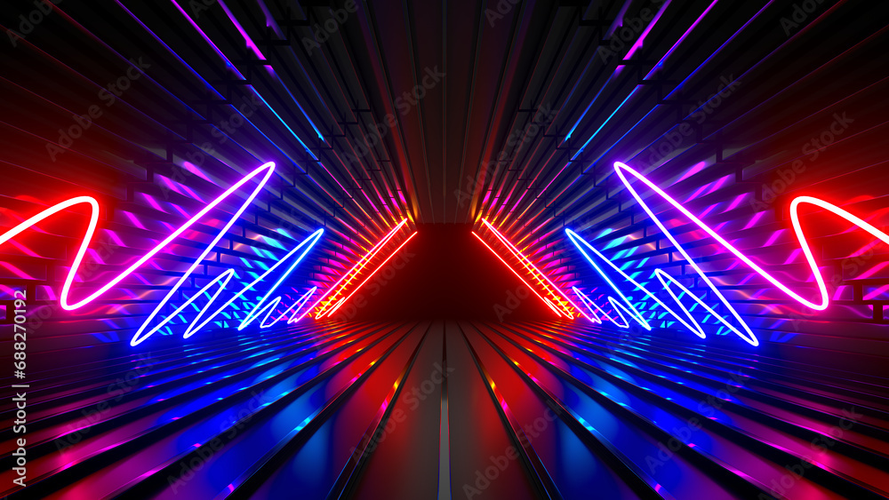 Poster sci fi neon glowing lines in a dark tunnel. reflections on the floor and ceiling. 3d rendering image