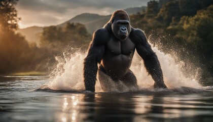 muscular male gorilla crossing the river, splashing and droplets, smoky weather, sunset
