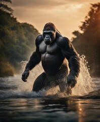 Obraz na płótnie Canvas muscular male gorilla crossing the river, splashing and droplets, smoky weather, sunset 