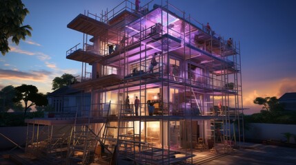 Building under construction, crane and building construction site on sunset daytime, industrial development