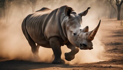 portrait of a rhino at the Africa wild life, running to the camera in dust and smoke