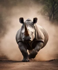 Selbstklebende Fototapeten portrait of a rhino at the Africa wild life, running to the camera in dust and smoke © abu