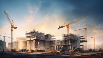 Building under construction, crane and building construction site on sunset daytime, industrial development