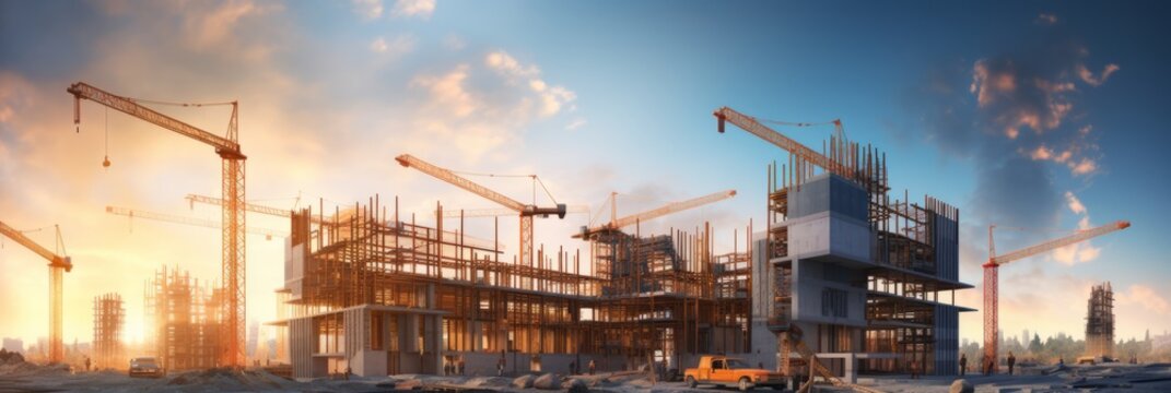 Fototapeta Building under construction, crane and building construction site on sunset daytime, industrial development