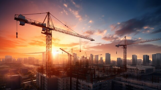 Building under construction, crane and building construction site on sunset daytime, industrial development
