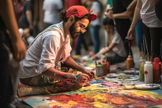 View of unknown artist painting a picture at street, Young man painting pictures. Street artist at work, Street Photography