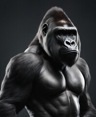 portrait of muscular male gorilla, isolated grey background
