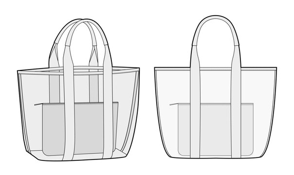 Beach Transparent Pool Tote with inner removable pouch bag. Fashion accessory technical illustration. Vector satchel front 3-4 view for Men women style, flat handbag CAD mockup sketch outline isolated