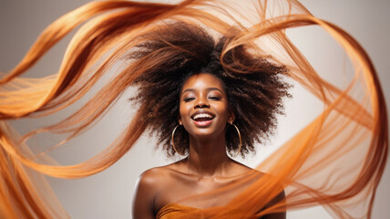 closeup photo portrait of a beautiful young afro american female model woman shaking her beautiful hair in motion. ad for shampoo conditioner hair products. isolated on white background
