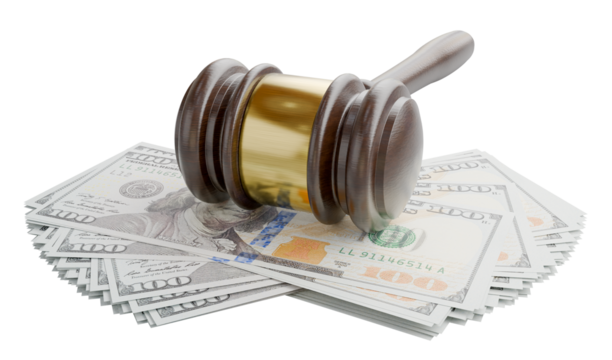 Law Gavel Resting on Stacks of Thousands of Dollars Against a Transparent Background. Transparent PNG.