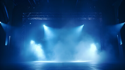 Stage Spotlight:  A stage bathed in ethereal blue light, illuminated by powerful spotlights, casting dramatic beams and creating an atmosphere of anticipation and excitement. Space for text