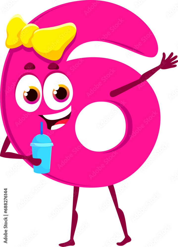 Poster cartoon funny math number six character. isolated vector arithmetic digit 6 personage with adorable 