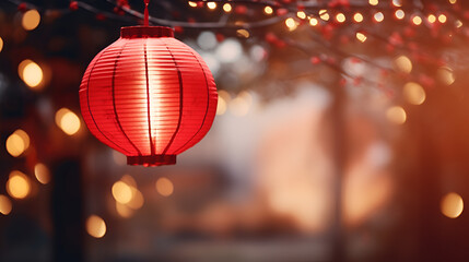Red lanterns on a tree with lighting, chinese new year celebration with bokeh background 