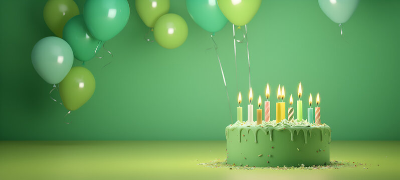 Delicious Green birthday cake with candles on a green background with balloons and space for text