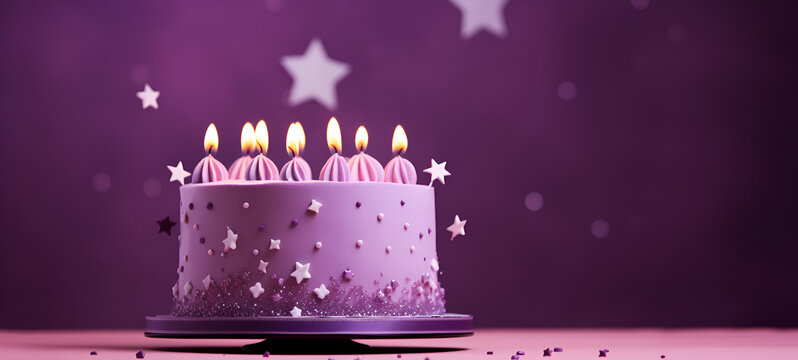 Purple birthday cake with candles on a purple background with stars and space for text