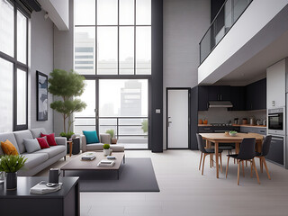 Modern city apartment with sleek design and urban vibe,Contemporary Urban Living - obrazy, fototapety, plakaty
