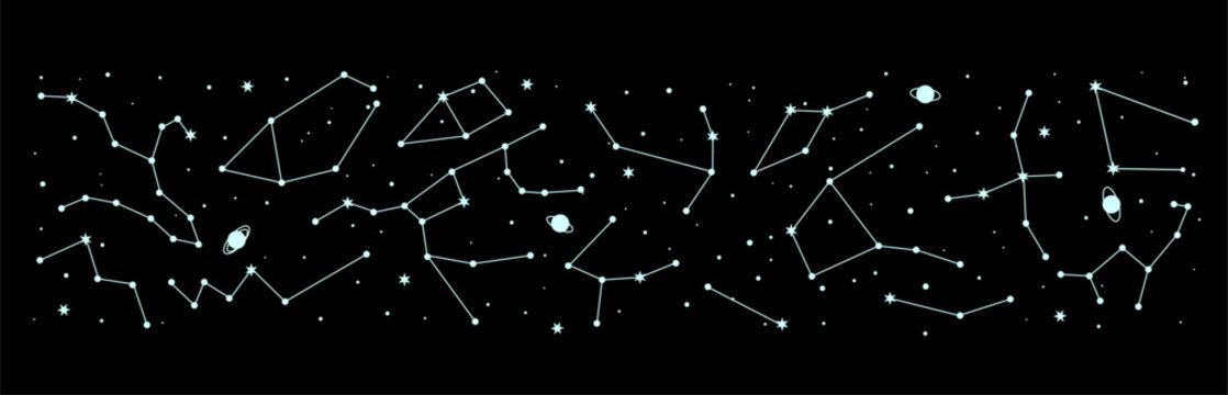 Space star constellation. Galaxy night sky map border, mystic astrology border. Milky Way star constellation print, galaxy stars celestial panorama or esoteric zodiac night sky map vector border