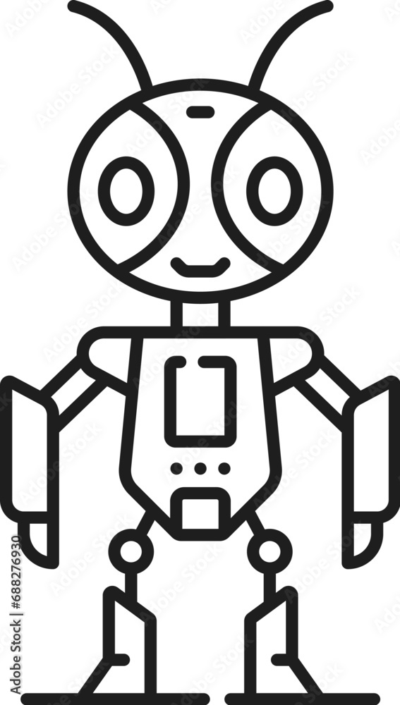 Poster Robot line and outline icon. Isolated vector linear metallic humanoid figure with antennas, legs, arms , and futuristic elements, representing technology, automation, and artificial intelligence