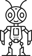 Robot line and outline icon. Isolated vector linear metallic humanoid figure with antennas, legs, arms , and futuristic elements, representing technology, automation, and artificial intelligence