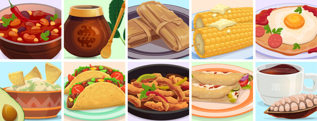 Tex mex mexican cuisine food collage. Mexican cuisine food poster, Tex Mex takeaway meals or Mexico fastfood meals menu vector background or flyer with nacho chips, taco and corn, tamale, matcha tea