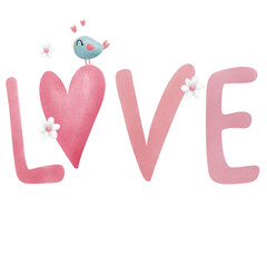 Hand drawn cute colorful cartoon love fonts and heart shape illustration.