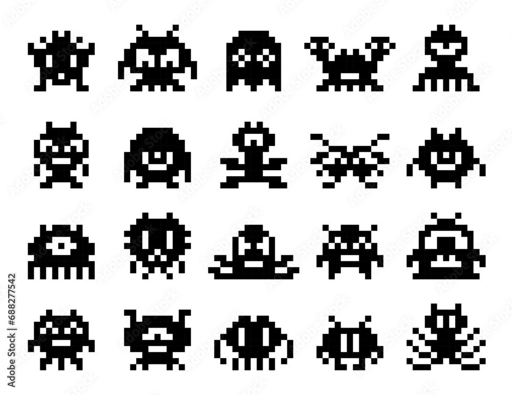 Poster arcade game pixel monsters characters. 8 bit retro pixel art game asset. pc game alien, 8bit arcade 