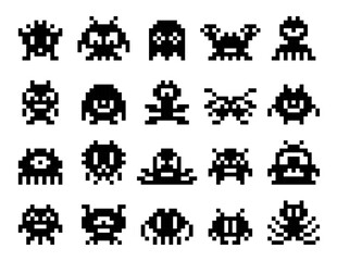 Arcade game pixel monsters characters. 8 bit retro pixel art game asset. PC game alien, 8bit arcade square pixel creature or retro gaming electronic robot vector icon, old videogame cubic monsters set - obrazy, fototapety, plakaty