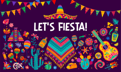 Mexican fiesta party banner with sombrero, guitar and poncho in tropical flowers ornament, vector background. Mexican holiday fiesta quote with colorful pattern of Aztec pyramid, tequila and peppers